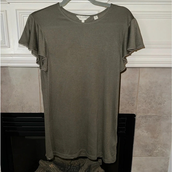 Ted Baker London Blouse Flutter Sleeves with beads- olive green- Size 4-6 Small - Picture 3 of 13